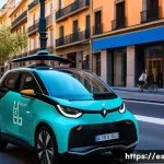 Home 15 AI와 자율주행 자동차 기술 - A cutting-edge autonomous electric vehicle driving through a bustling Madrid street, equipped with m...