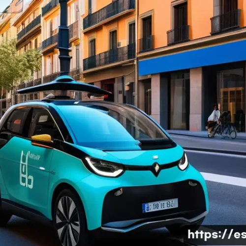 Home 27 AI와 자율주행 자동차 기술 - A cutting-edge autonomous electric vehicle driving through a bustling Madrid street, equipped with m...