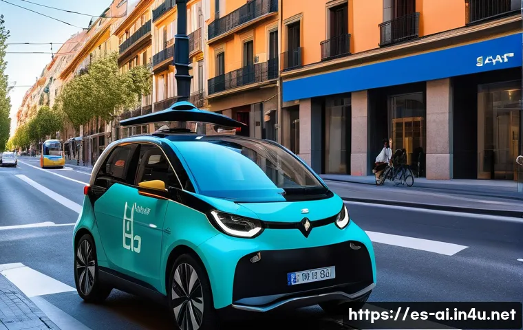 AI와 자율주행 자동차 기술 - A cutting-edge autonomous electric vehicle driving through a bustling Madrid street, equipped with m...