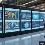Home 19 AI와 디지털 트윈 기술의 미래 - A modern Spanish smart factory interior, bustling with advanced machinery and robotic arms, showcasi...