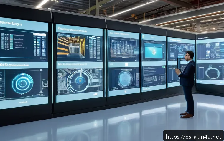 AI와 디지털 트윈 기술의 미래 - A modern Spanish smart factory interior, bustling with advanced machinery and robotic arms, showcasi...